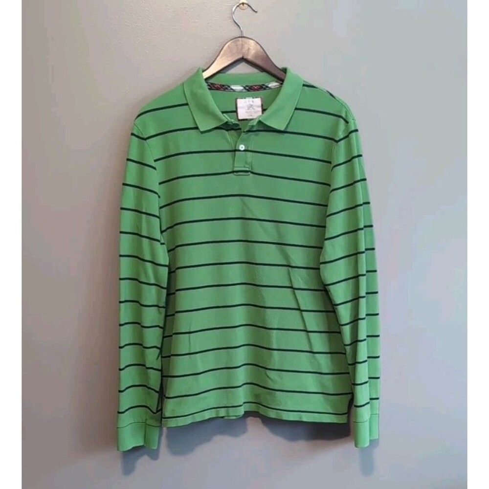 Vintage J. Crew Mens Large L Polo Shirt Long Sleeve Blue Green Stripe LS